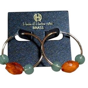 House of Harlow 1960 Brass Gold Tone Hoop Earrings, Orange & Green Beads, New